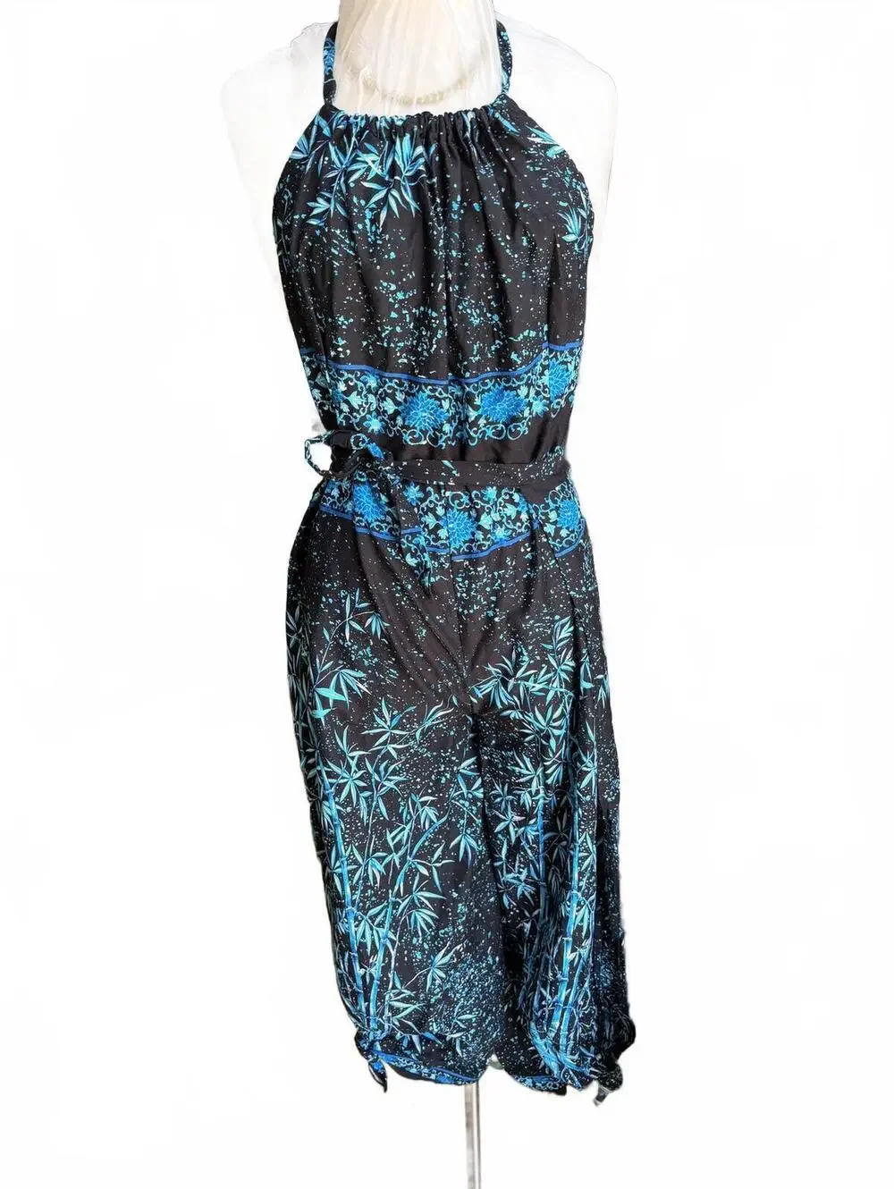 Black and Blue Bamboo Print Halter romper S/M
